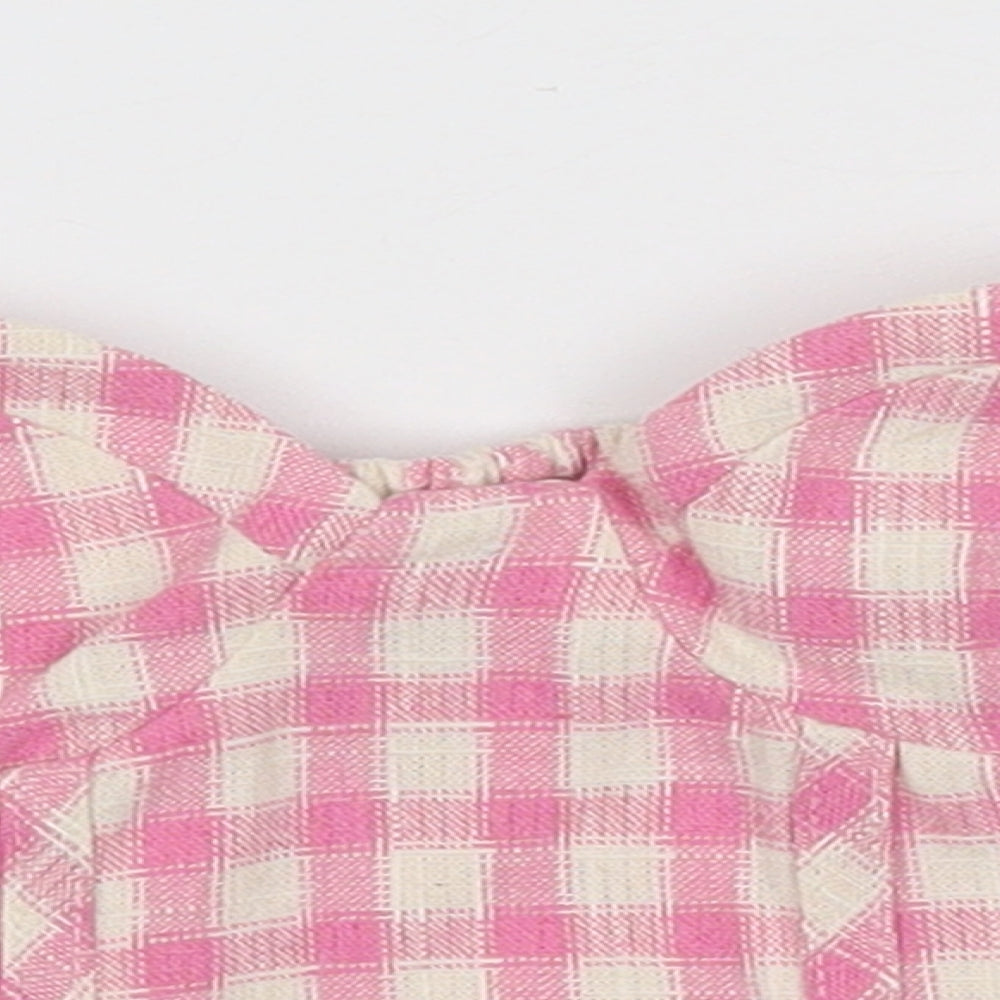 Zara Womens Pink Geometric Cotton Cropped Tank Size 4XL Off the Shoulder - Shirred detail at the back
