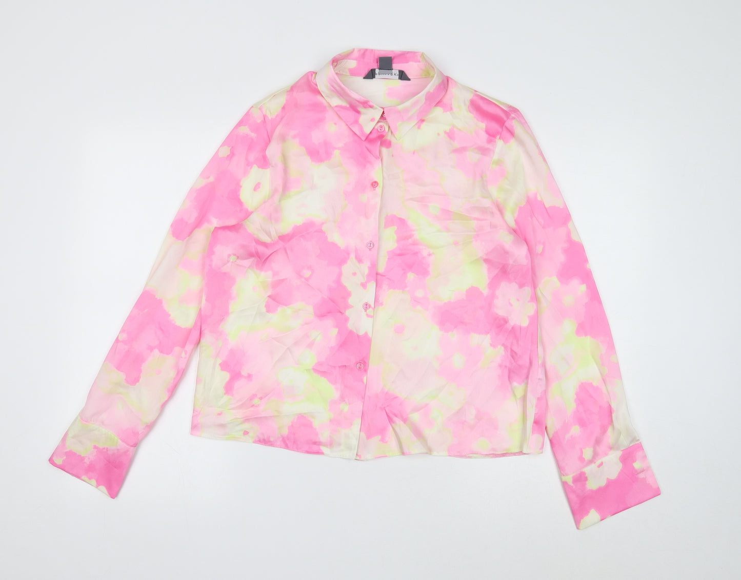 Primark Womens Pink Geometric Polyester Basic Button-Up Size 14 Collared