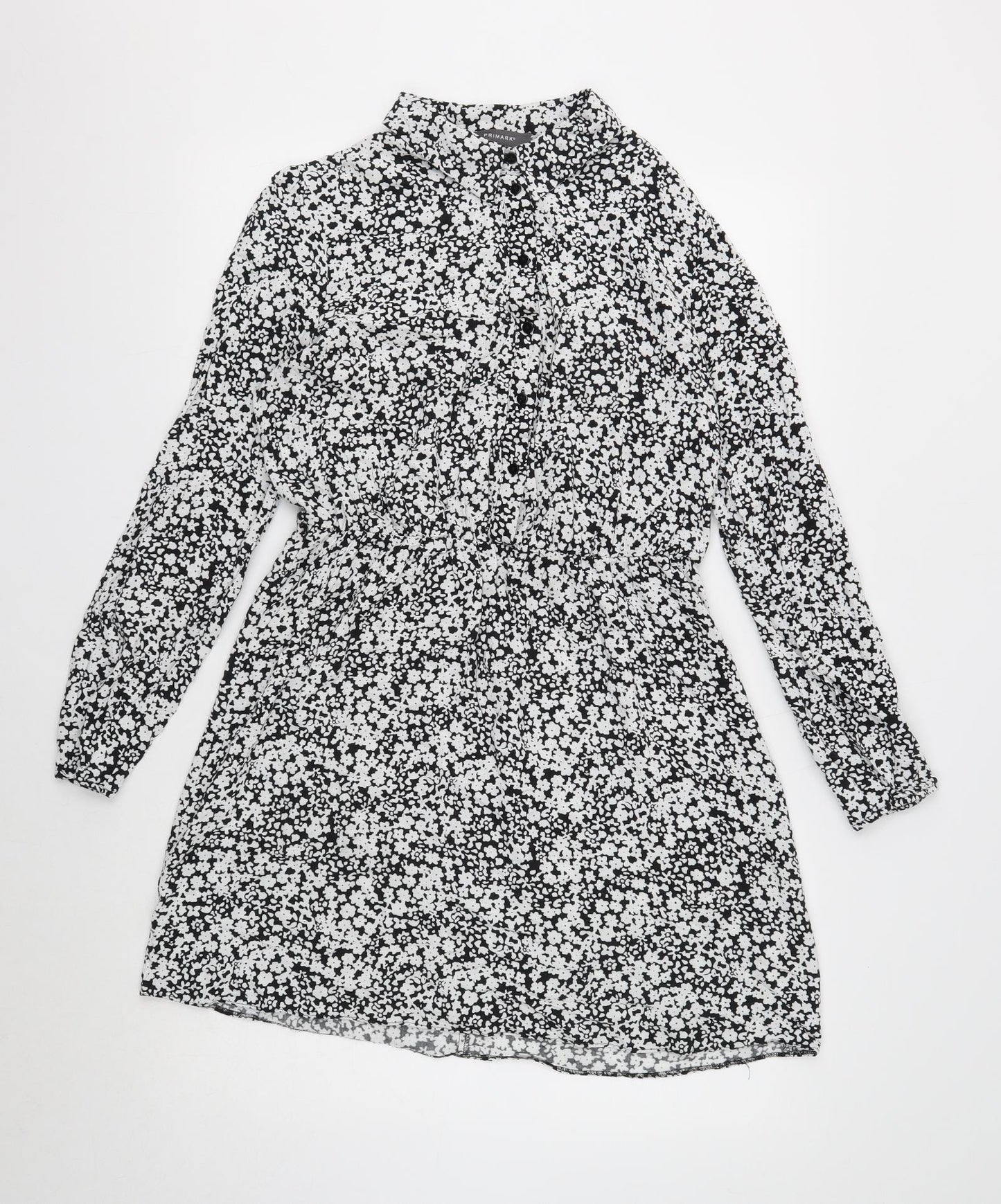 Primark Womens Black Floral Viscose Shirt Dress Size 14 Collared Button