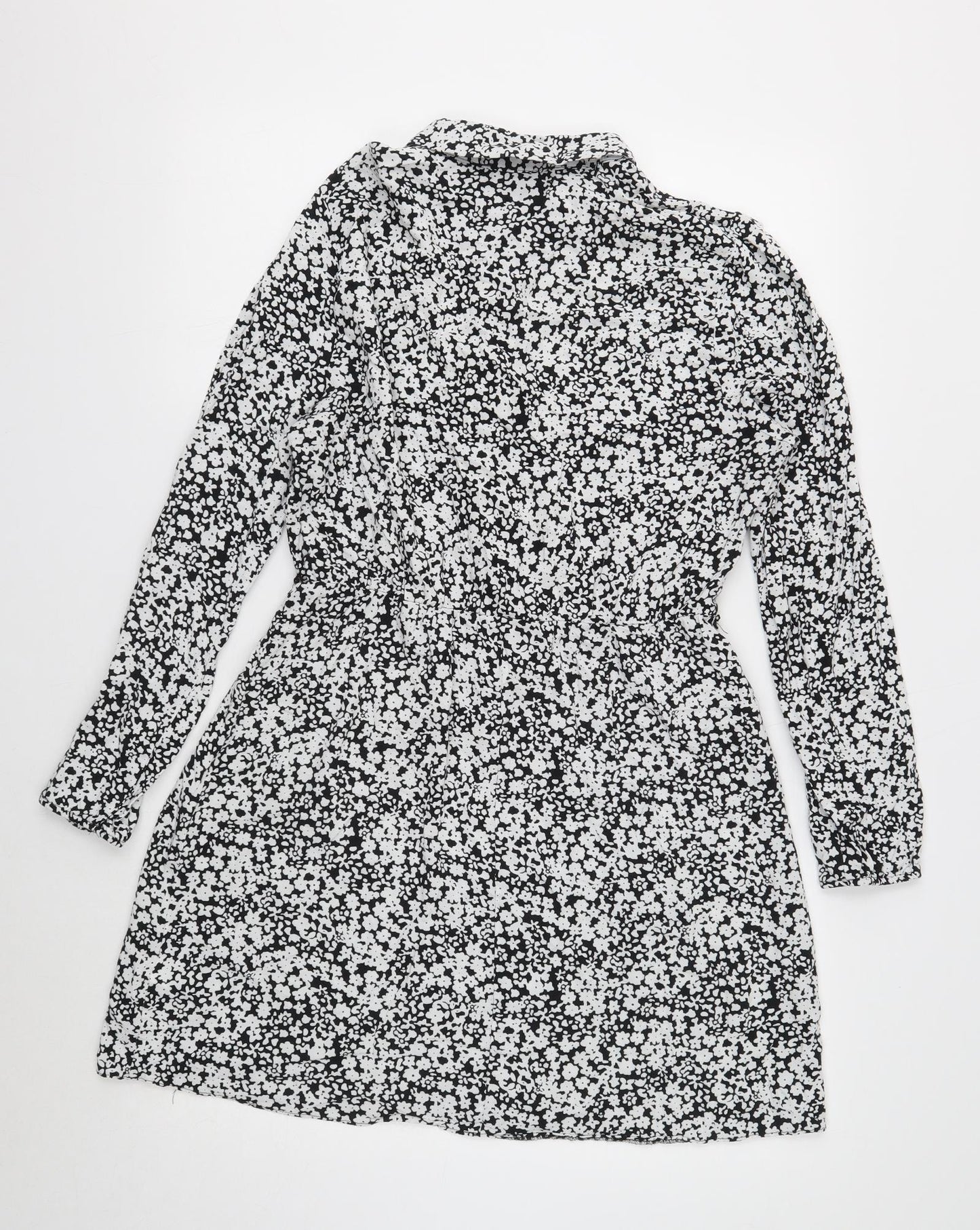 Primark Womens Black Floral Viscose Shirt Dress Size 14 Collared Button