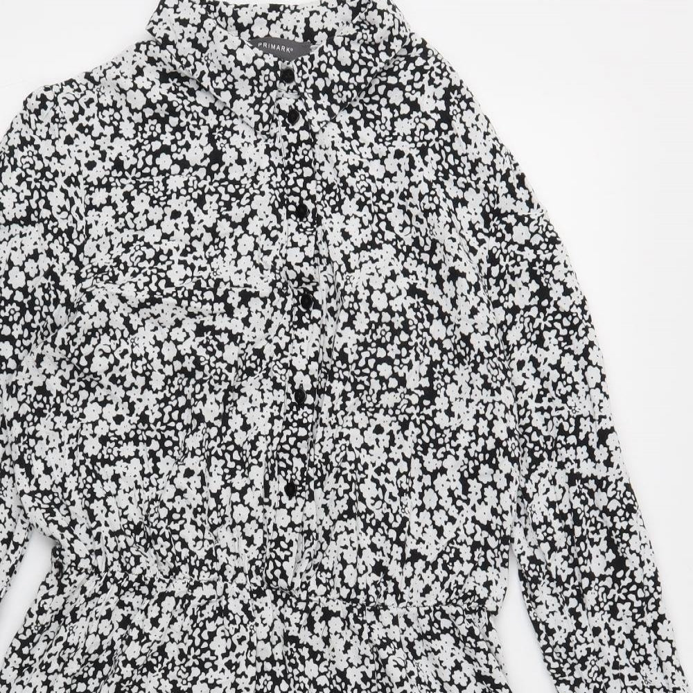 Primark Womens Black Floral Viscose Shirt Dress Size 14 Collared Button