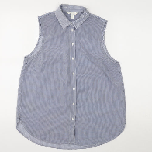 H&M Womens Blue Striped Polyester Basic Button-Up Size 12 Collared
