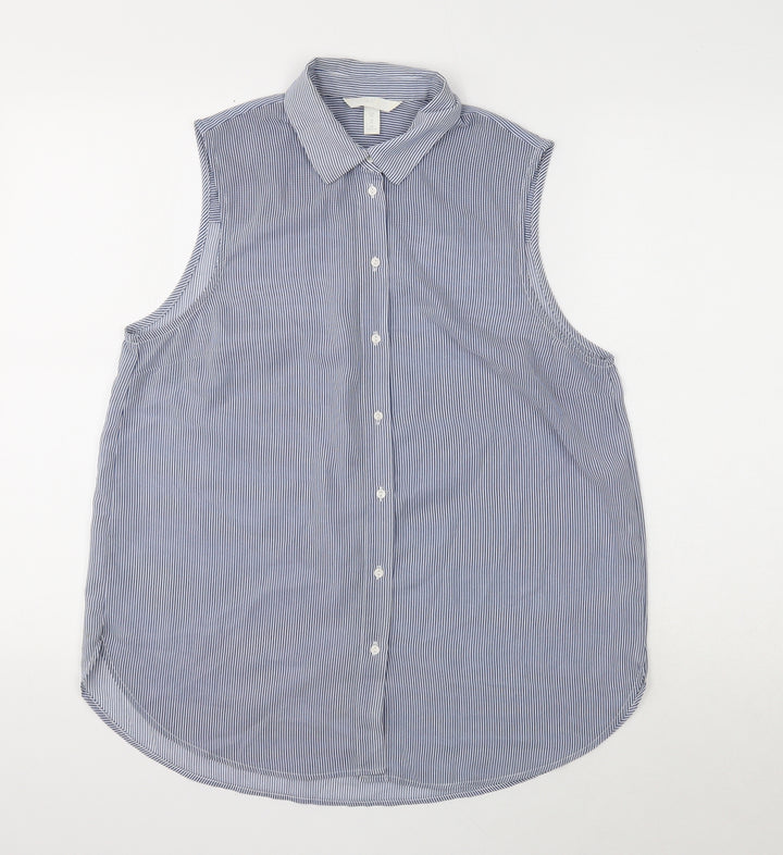 H&M Womens Blue Striped Polyester Basic Button-Up Size 12 Collared