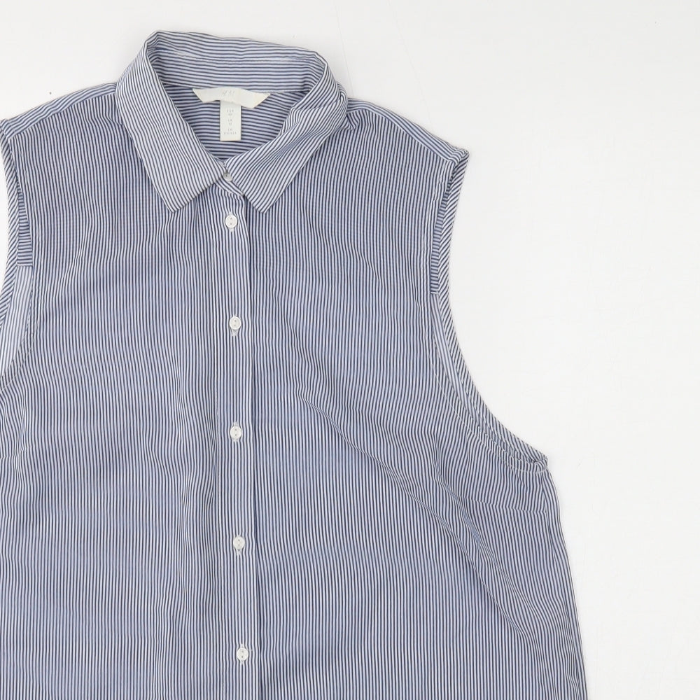 H&M Womens Blue Striped Polyester Basic Button-Up Size 12 Collared