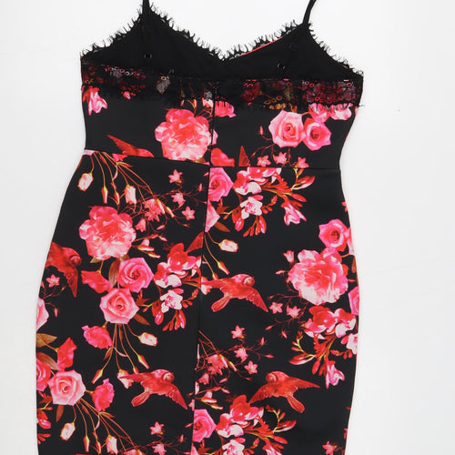 Preworn Womens Black Floral Polyester Mini Size 12 V-Neck Zip - Lace Trim
