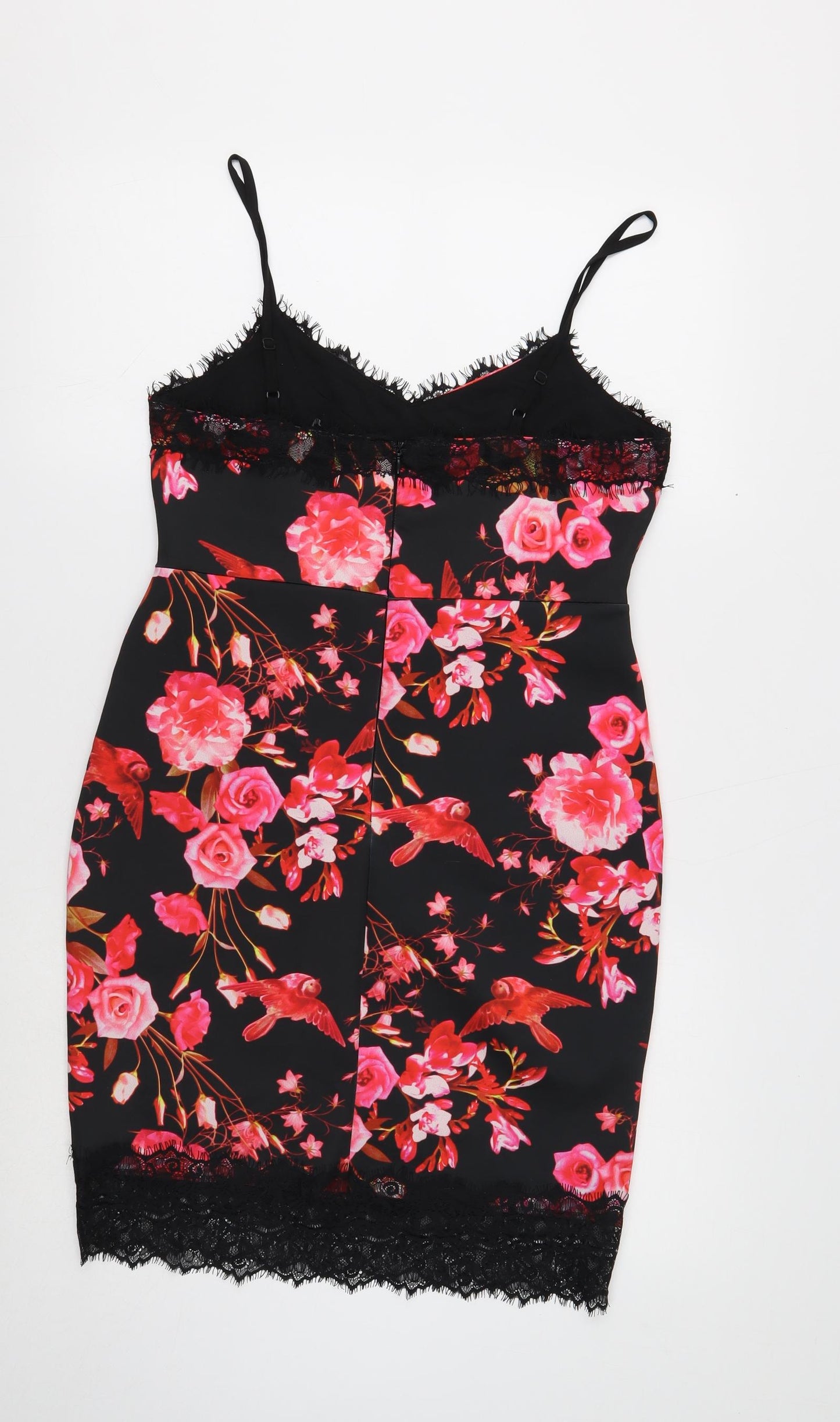 Preworn Womens Black Floral Polyester Mini Size 12 V-Neck Zip - Lace Trim