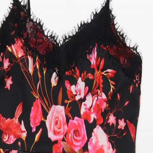 Preworn Womens Black Floral Polyester Mini Size 12 V-Neck Zip - Lace Trim