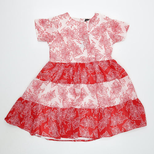 Wednesday's Girl Womens Red Floral Polyester Mini Size S Round Neck Button