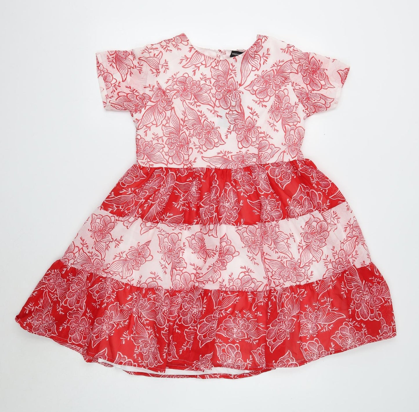 Wednesday's Girl Womens Red Floral Polyester Mini Size S Round Neck Button