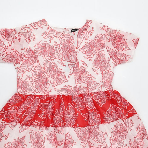 Wednesday's Girl Womens Red Floral Polyester Mini Size S Round Neck Button