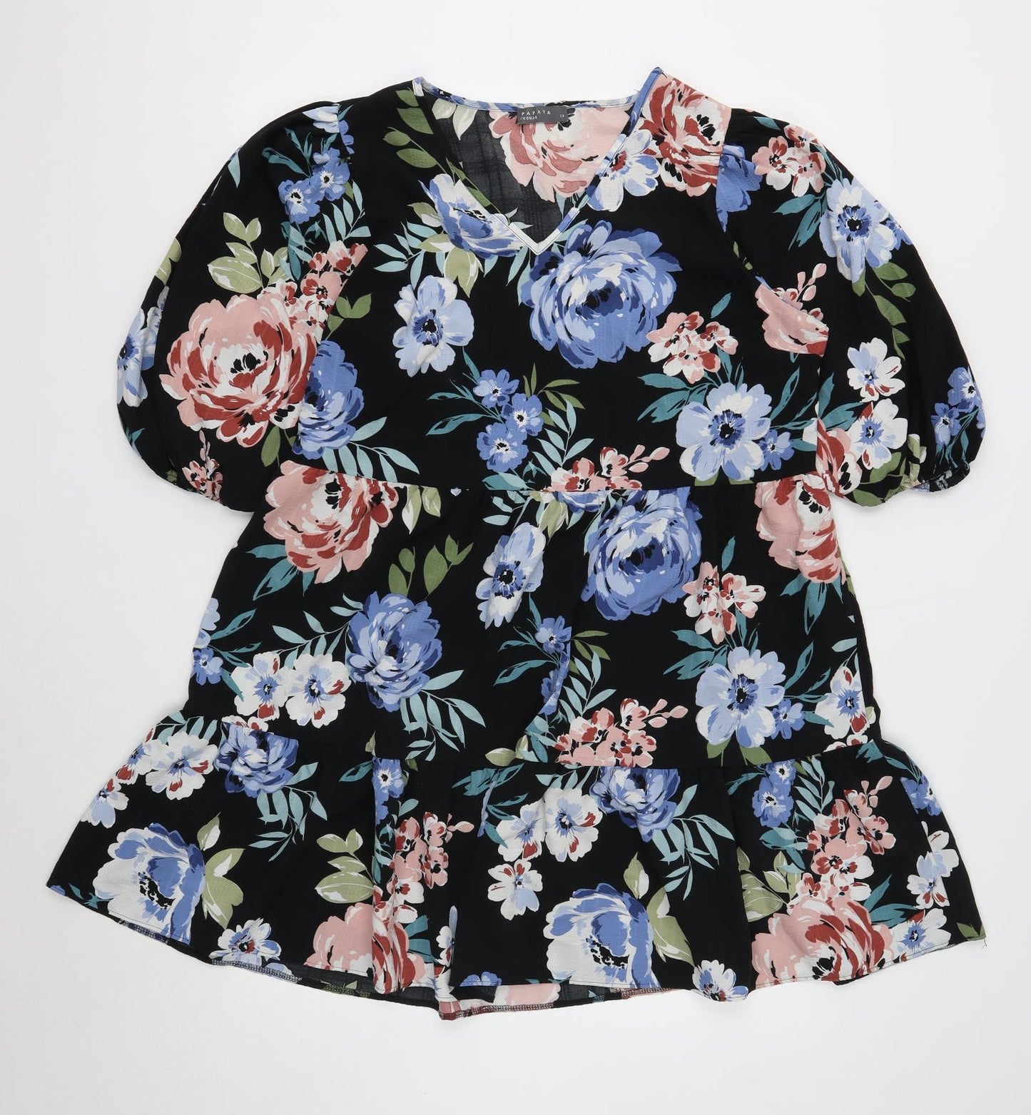 Papaya Womens Black Floral Polyester A-Line Size 14 V-Neck Pullover