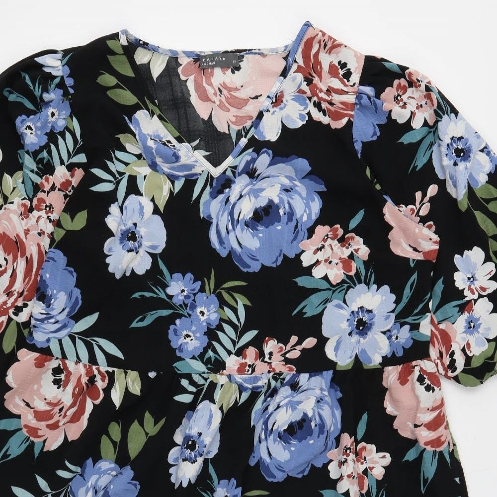 Papaya Womens Black Floral Polyester A-Line Size 14 V-Neck Pullover