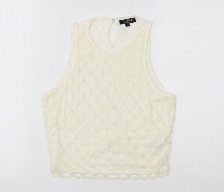 Topshop Womens White Geometric Viscose Basic Tank Size 8 Round Neck
