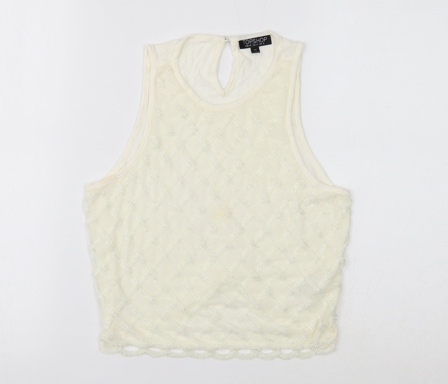 Topshop Womens White Geometric Viscose Basic Tank Size 8 Round Neck