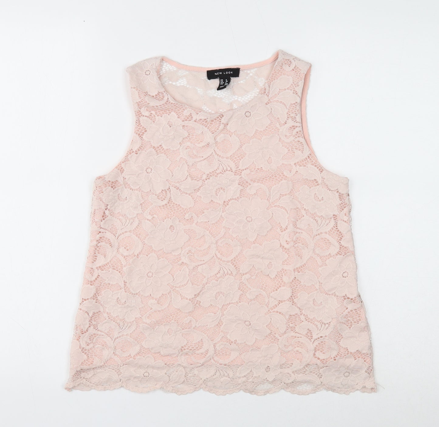 New Look Womens Pink Floral Nylon Basic Blouse Size 8 Round Neck