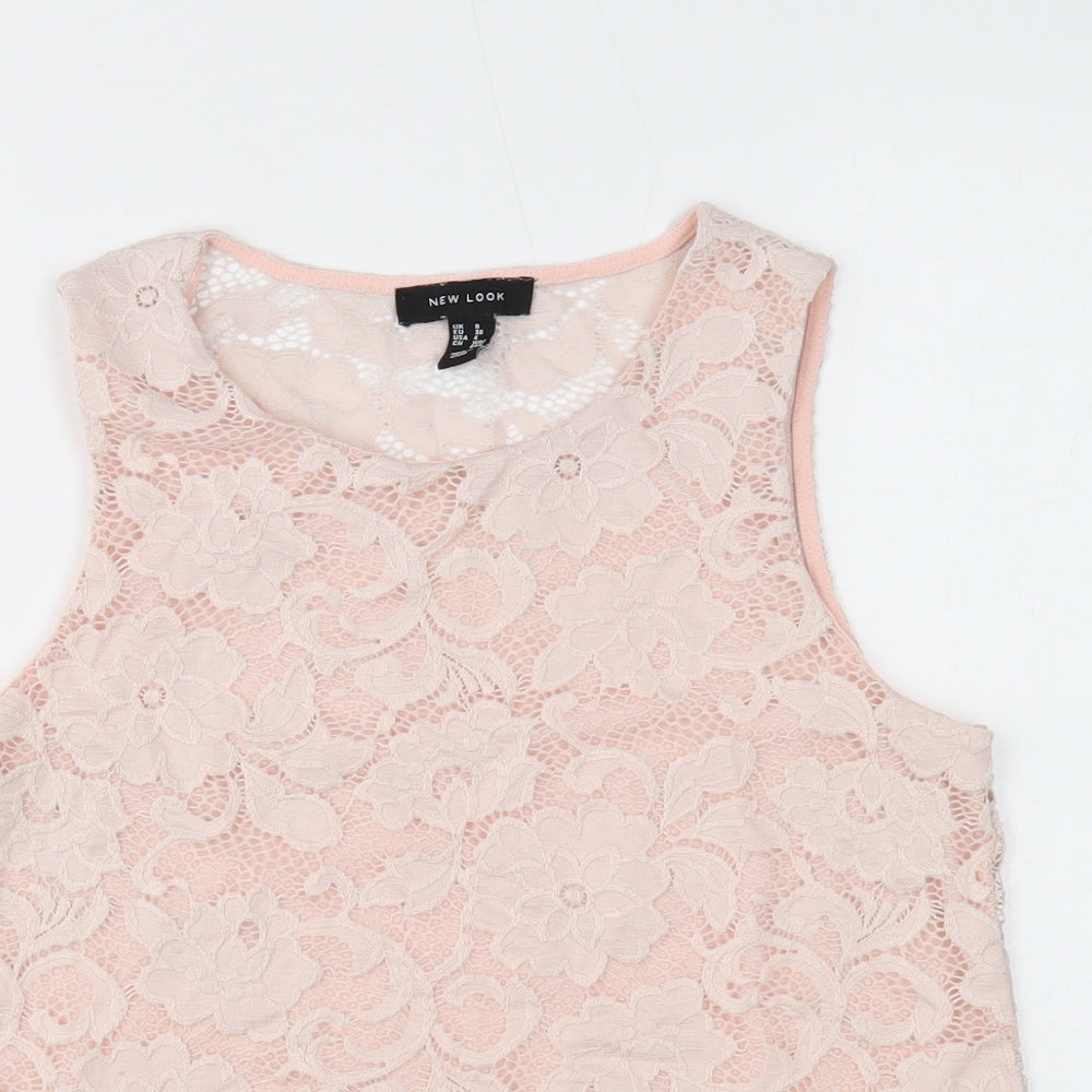 New Look Womens Pink Floral Nylon Basic Blouse Size 8 Round Neck