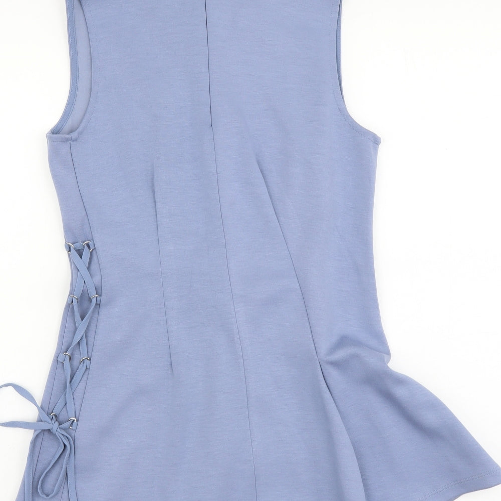 NEXT Womens Blue Polyester Basic Tank Size 8 Round Neck - String detail on side, Slightly pleated