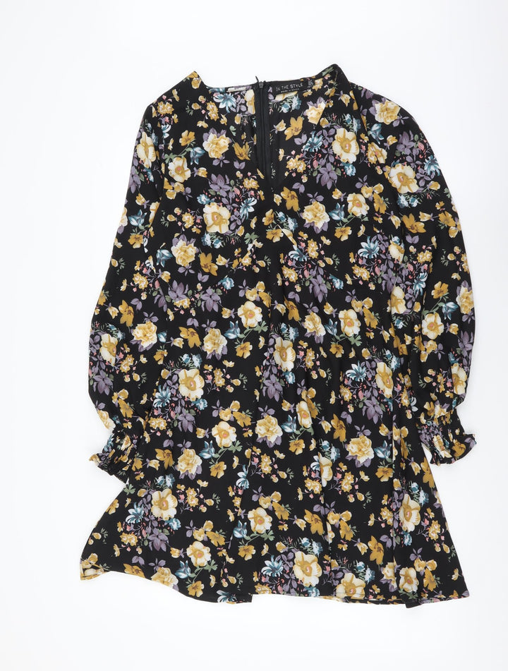 I SAW IT FIRST Womens Black Floral Polyester A-Line Size 12 V-Neck Zip