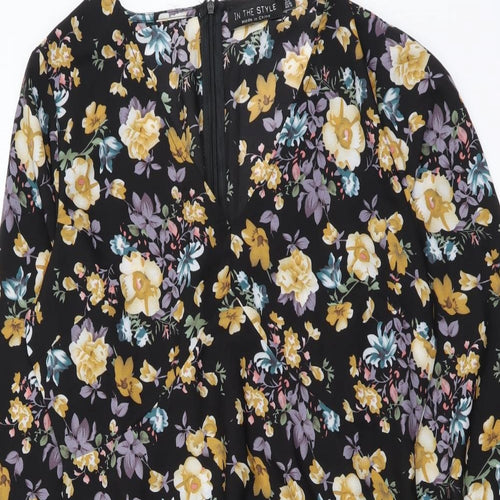 I SAW IT FIRST Womens Black Floral Polyester A-Line Size 12 V-Neck Zip