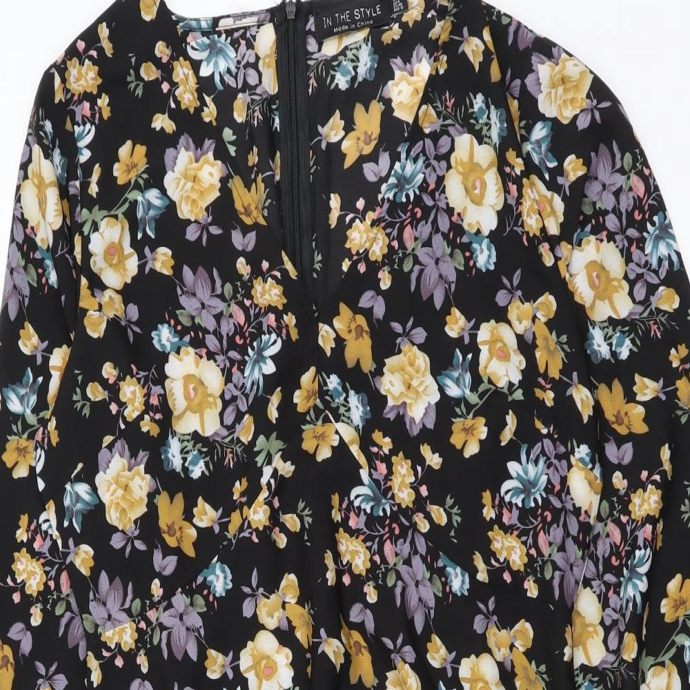 I SAW IT FIRST Womens Black Floral Polyester A-Line Size 12 V-Neck Zip