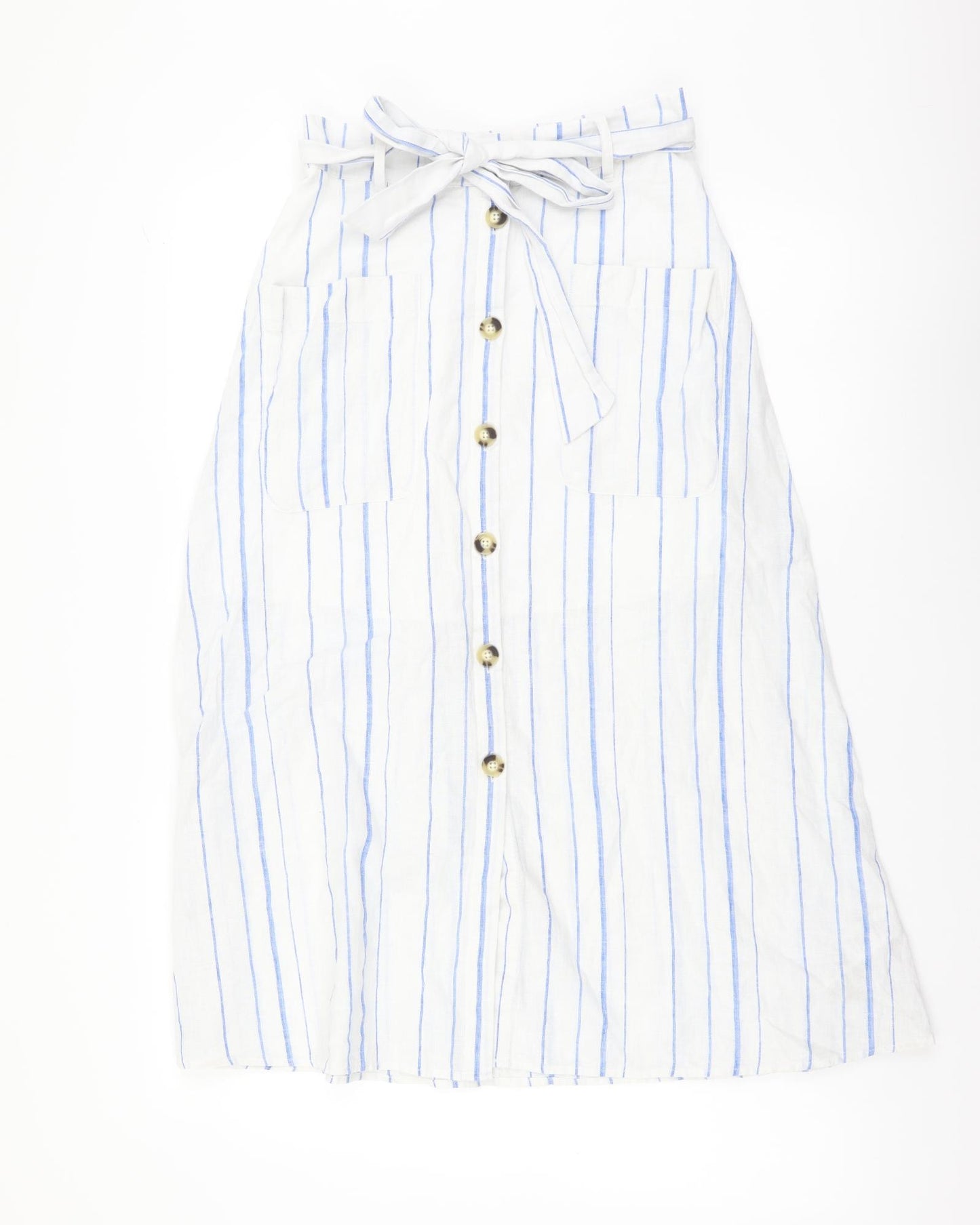 Per Una Womens White Striped Cotton Flare Skirt Size 6 Button
