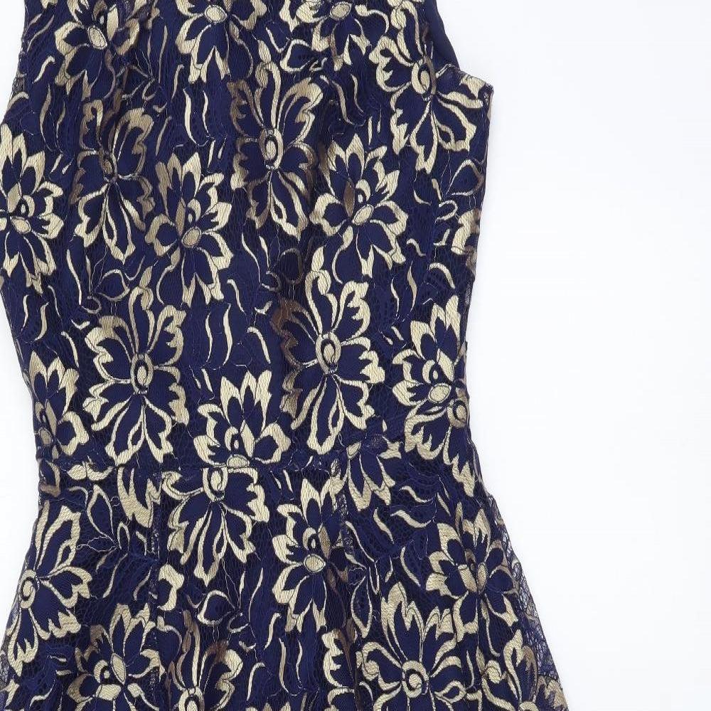 Jolie Moi Womens Blue Floral Polyester Fit & Flare Size 8 Round Neck Zip