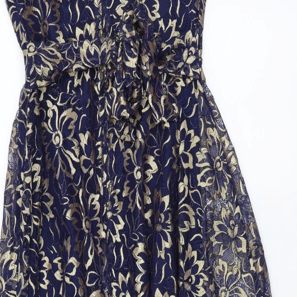 Jolie Moi Womens Blue Floral Polyester Fit & Flare Size 8 Round Neck Zip