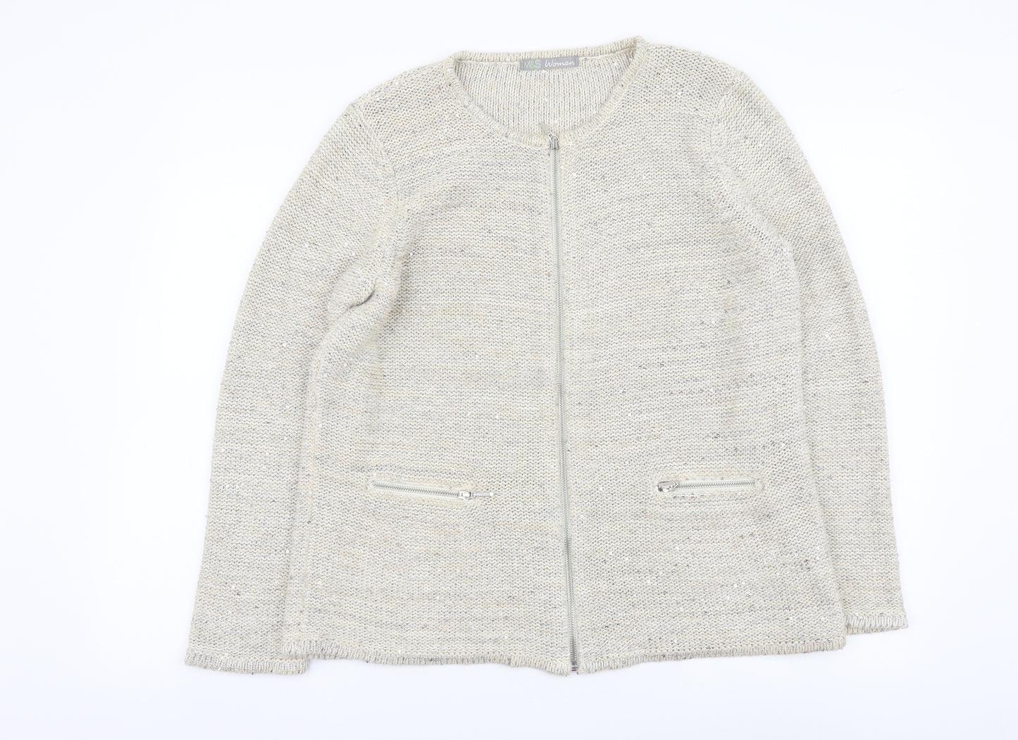 Marks and Spencer Womens Beige Round Neck Cotton Full Zip Jumper Size 16