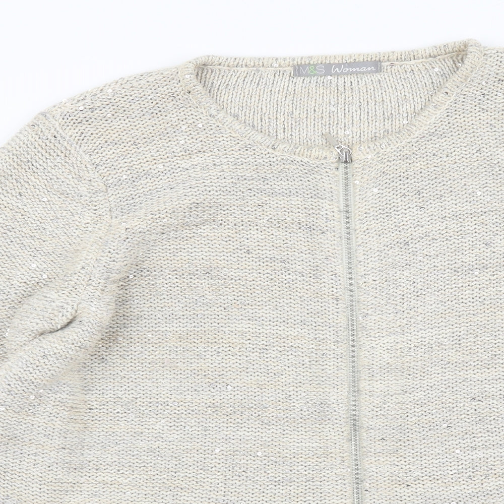 Marks and Spencer Womens Beige Round Neck Cotton Full Zip Jumper Size 16