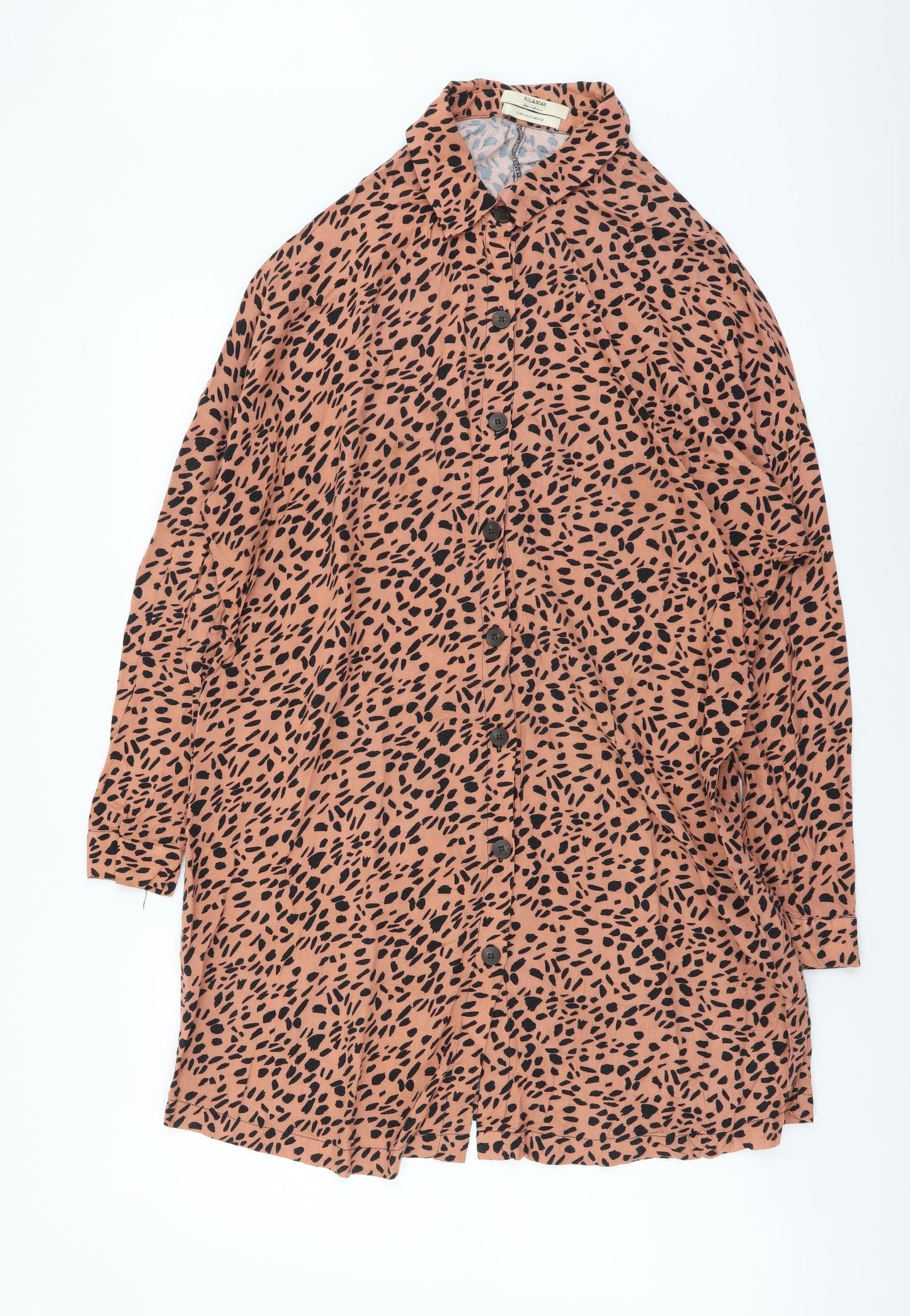 Pull&Bear Womens Pink Animal Print Viscose Shirt Dress Size S Collared Button