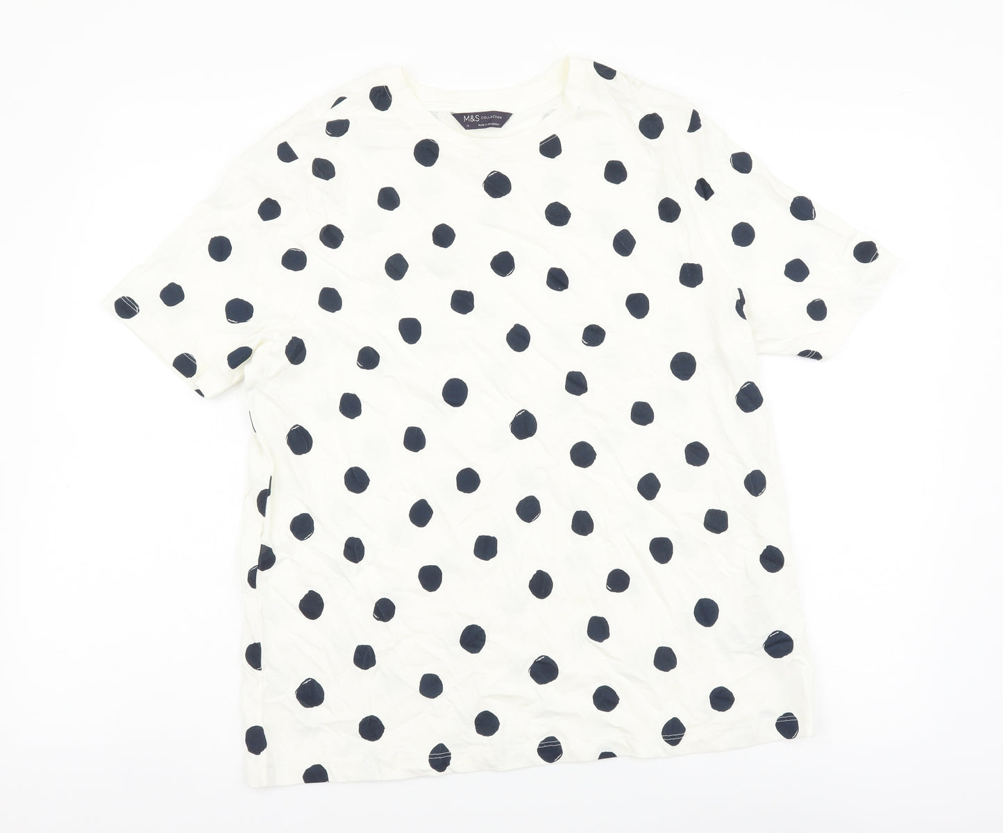 Marks and Spencer Womens White Polka Dot Cotton Basic T-Shirt Size 12 Round Neck