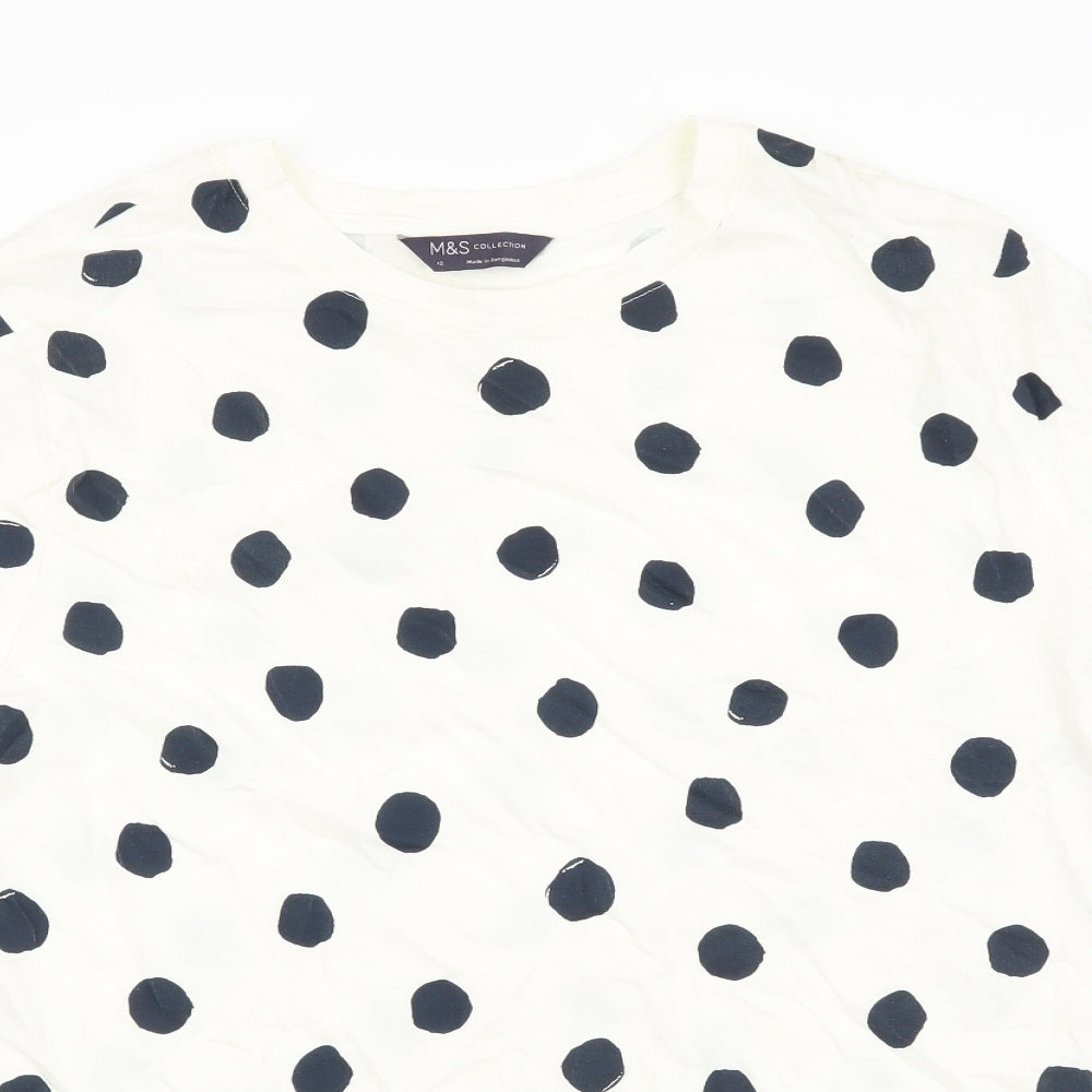Marks and Spencer Womens White Polka Dot Cotton Basic T-Shirt Size 12 Round Neck