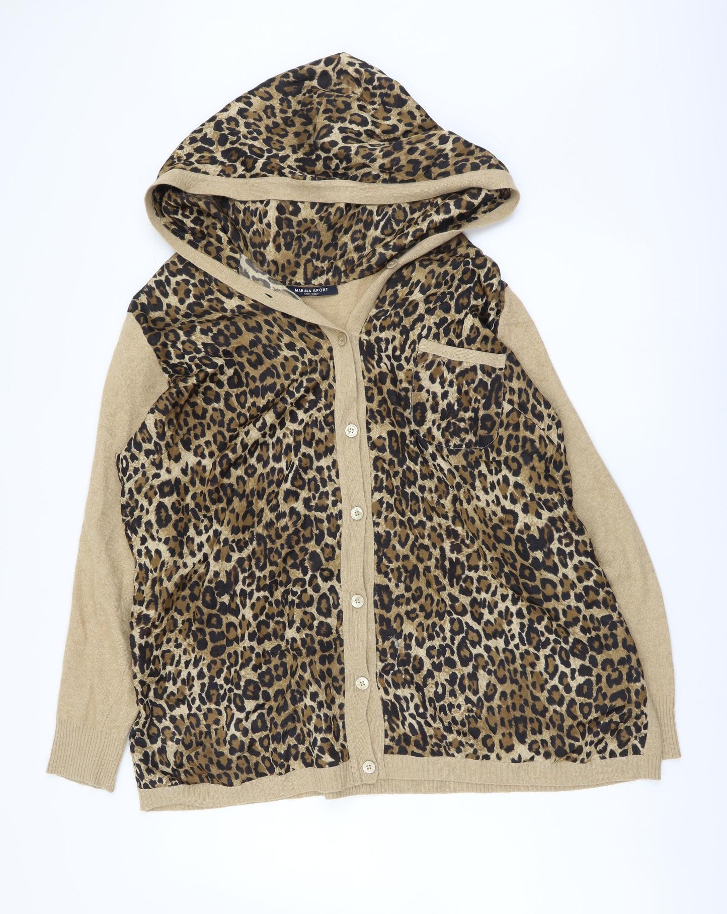 Marina Sport Womens Beige V-Neck Animal Print Wool Cardigan Jumper Size M