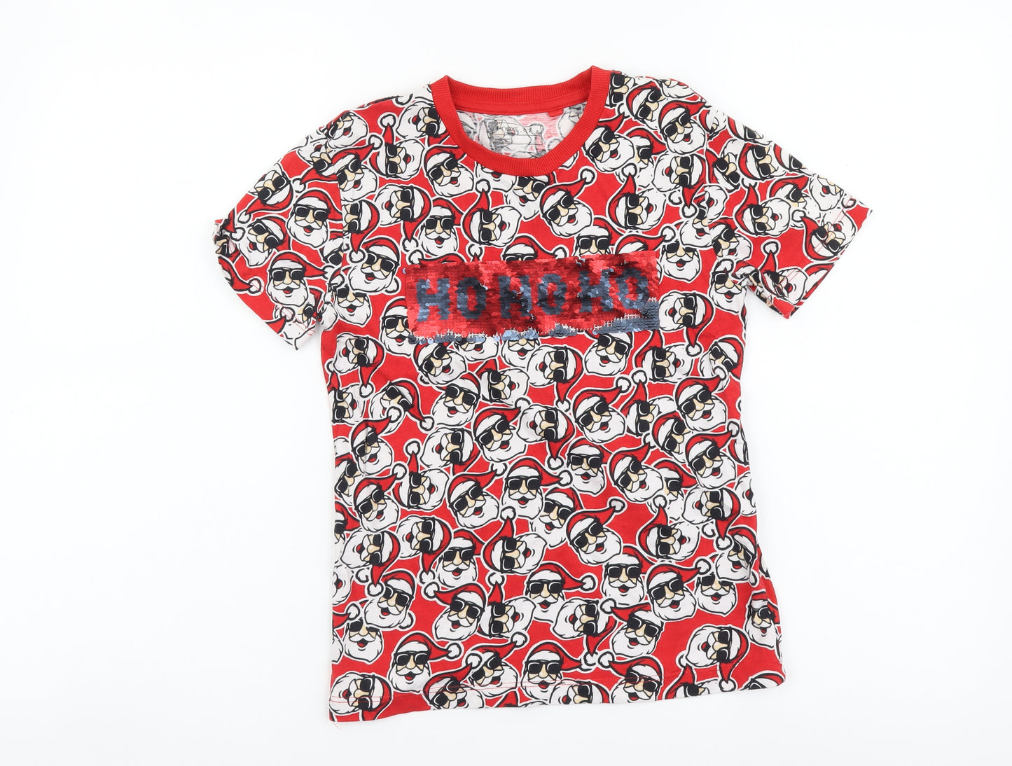 NEXT Boys Red Geometric Cotton Basic T-Shirt Size 7 Years Round Neck Pullover - Christmas