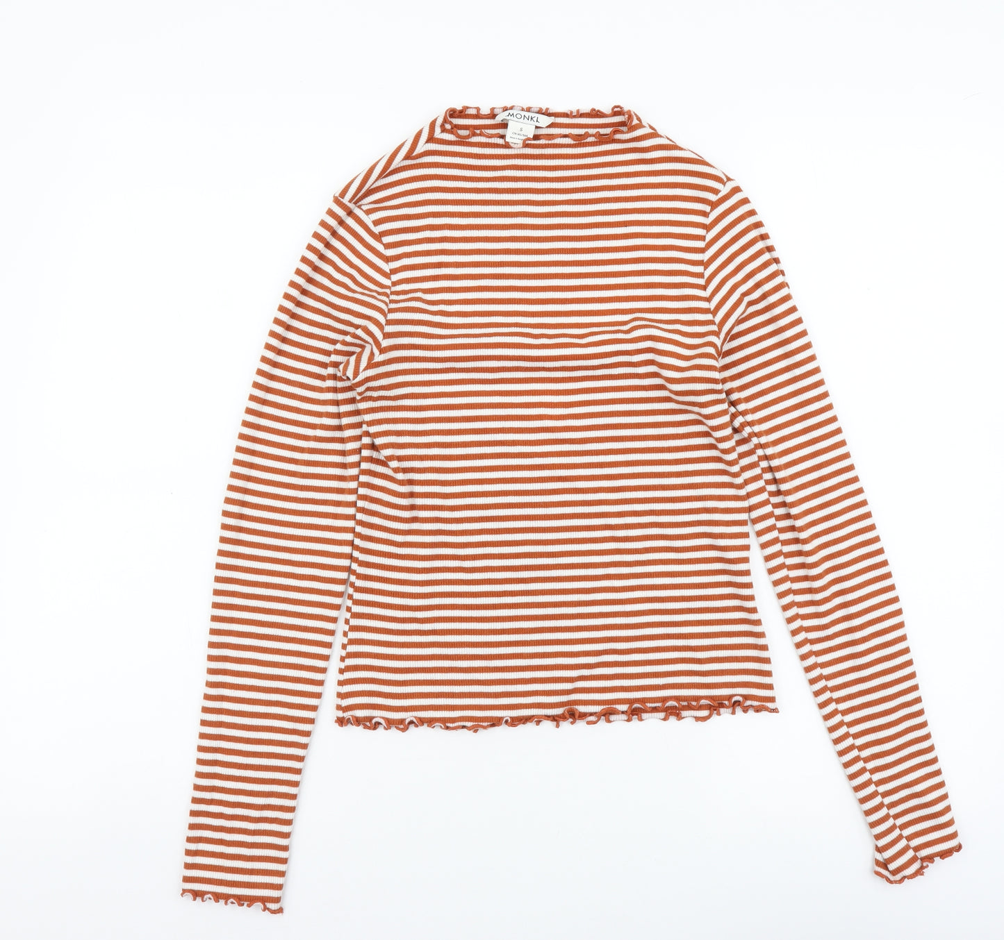 Monki Womens Brown Striped Cotton Basic T-Shirt Size S Round Neck - Lettuce Hem
