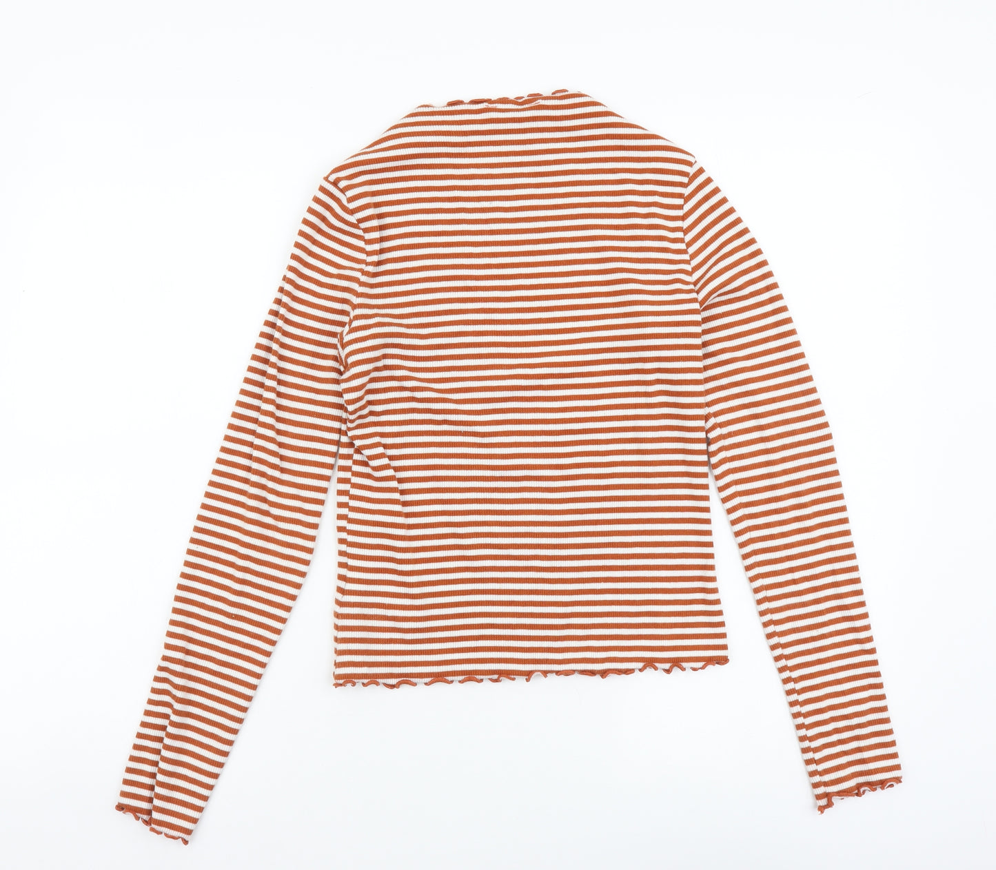 Monki Womens Brown Striped Cotton Basic T-Shirt Size S Round Neck - Lettuce Hem