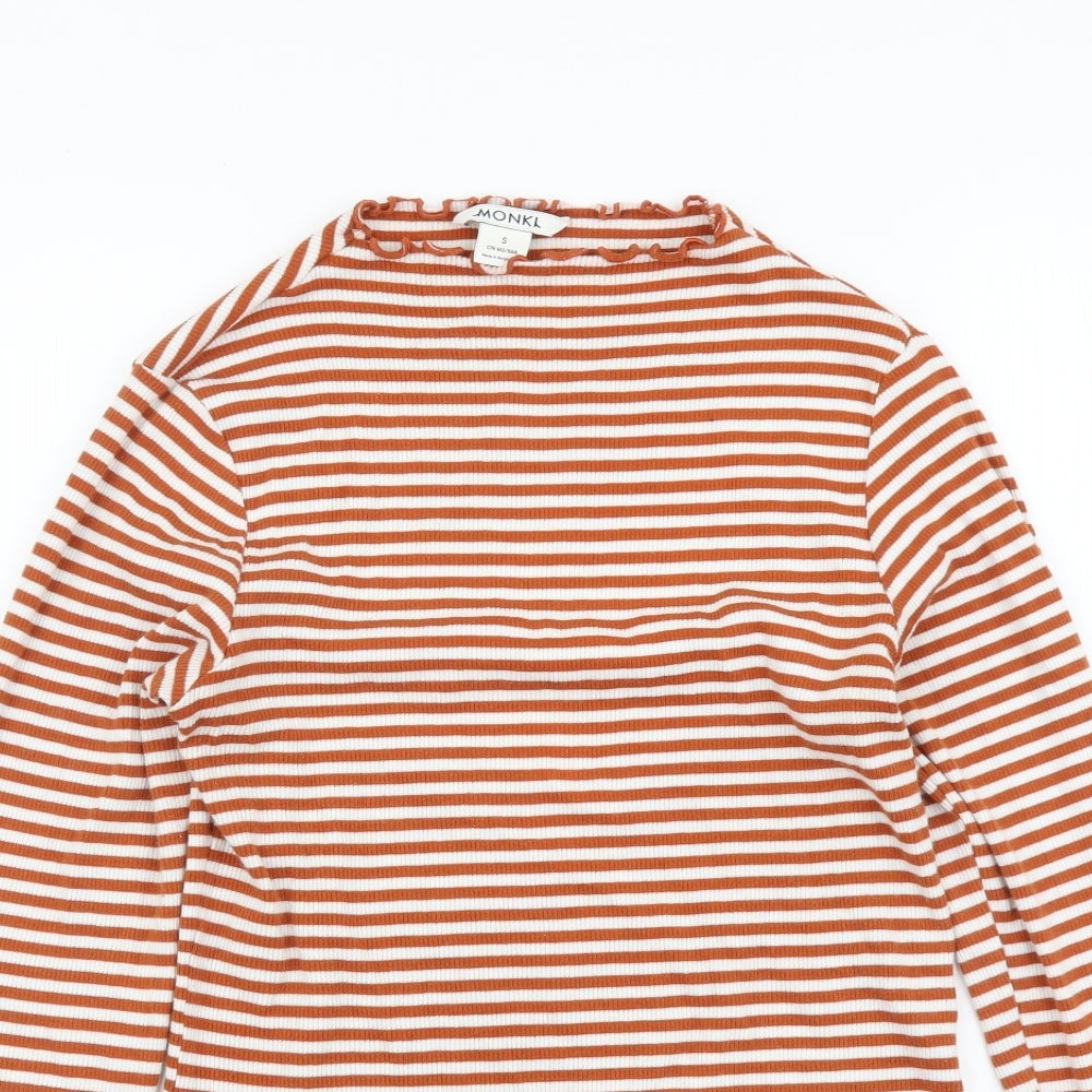 Monki Womens Brown Striped Cotton Basic T-Shirt Size S Round Neck - Lettuce Hem