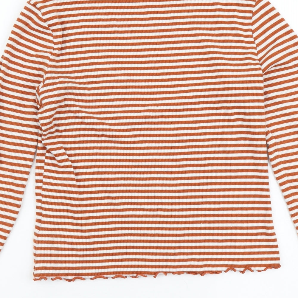 Monki Womens Brown Striped Cotton Basic T-Shirt Size S Round Neck - Lettuce Hem