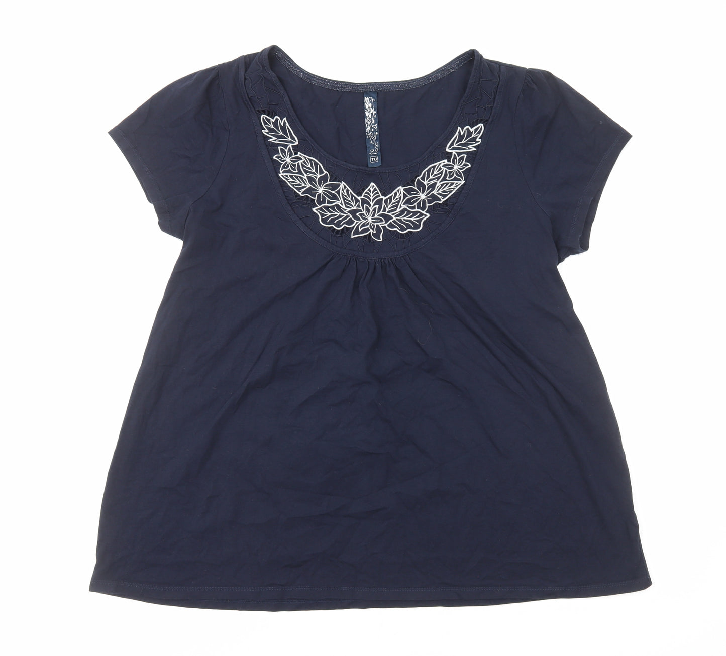 TU Womens Blue Cotton Tunic T-Shirt Size 22 Scoop Neck - Floral Detail