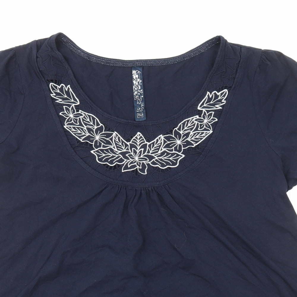 TU Womens Blue Cotton Tunic T-Shirt Size 22 Scoop Neck - Floral Detail