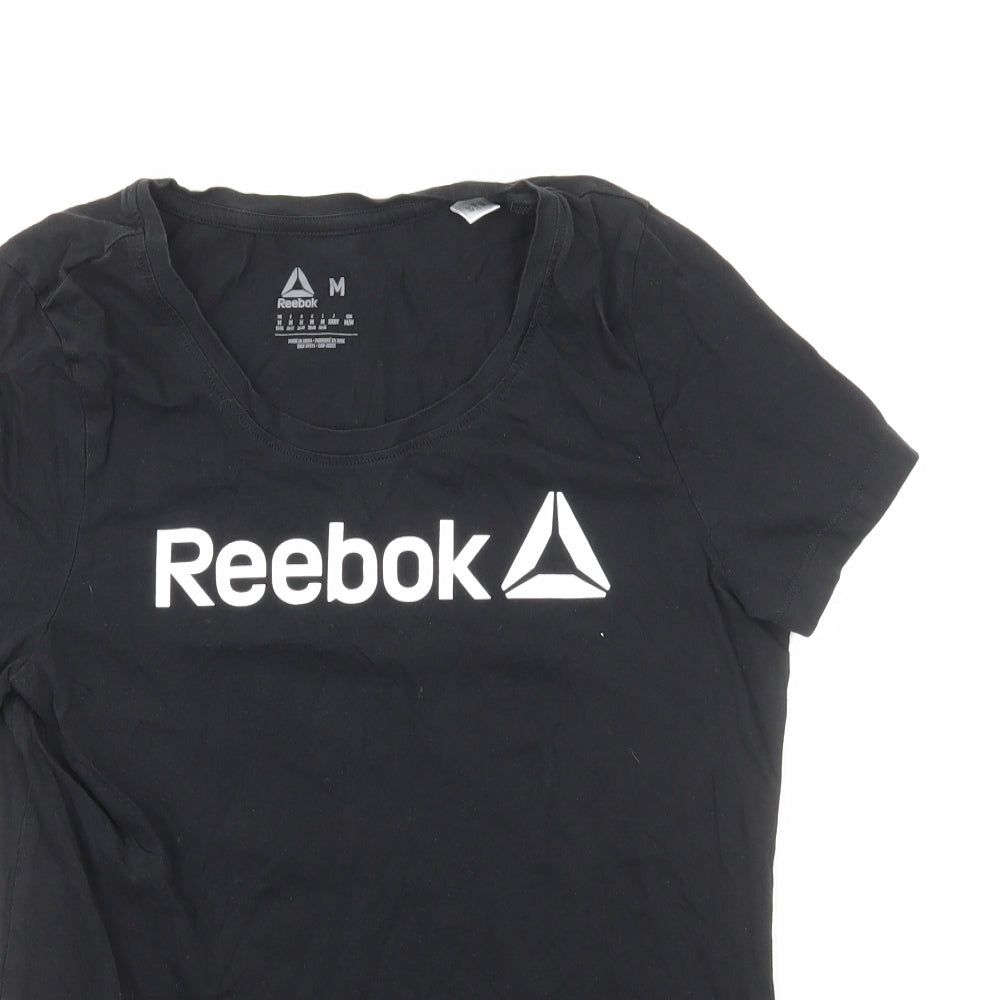 Reebok Womens Black Herringbone Cotton Basic T-Shirt Size M Scoop Neck