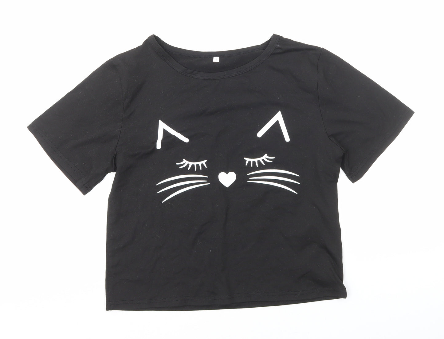 Preworn Girls Black Polyester Basic T-Shirt Size S Round Neck Pullover - Cat