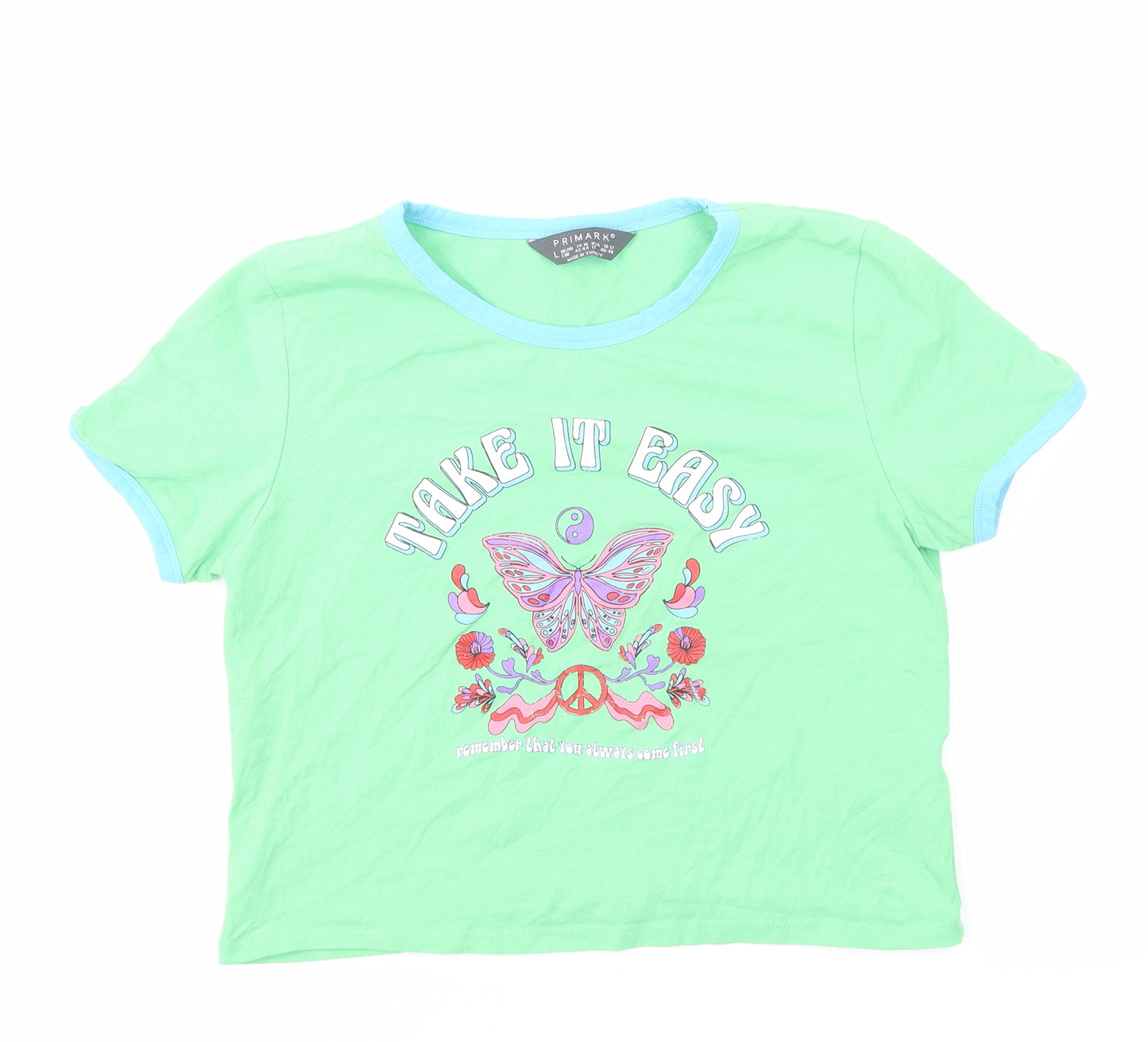 Primark Womens Green Cotton Basic T-Shirt Size L Round Neck - Take It Easy Butterfly