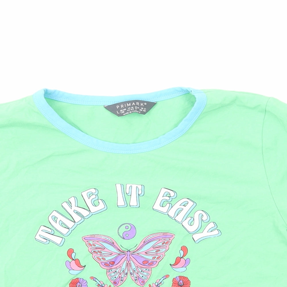 Primark Womens Green Cotton Basic T-Shirt Size L Round Neck - Take It Easy Butterfly