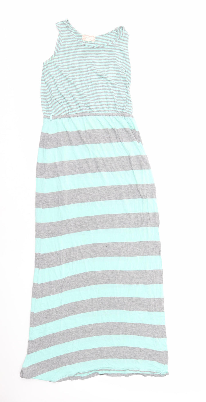 Pink Rose Womens Green Striped Cotton Tank Dress Size S Boat Neck Pullover