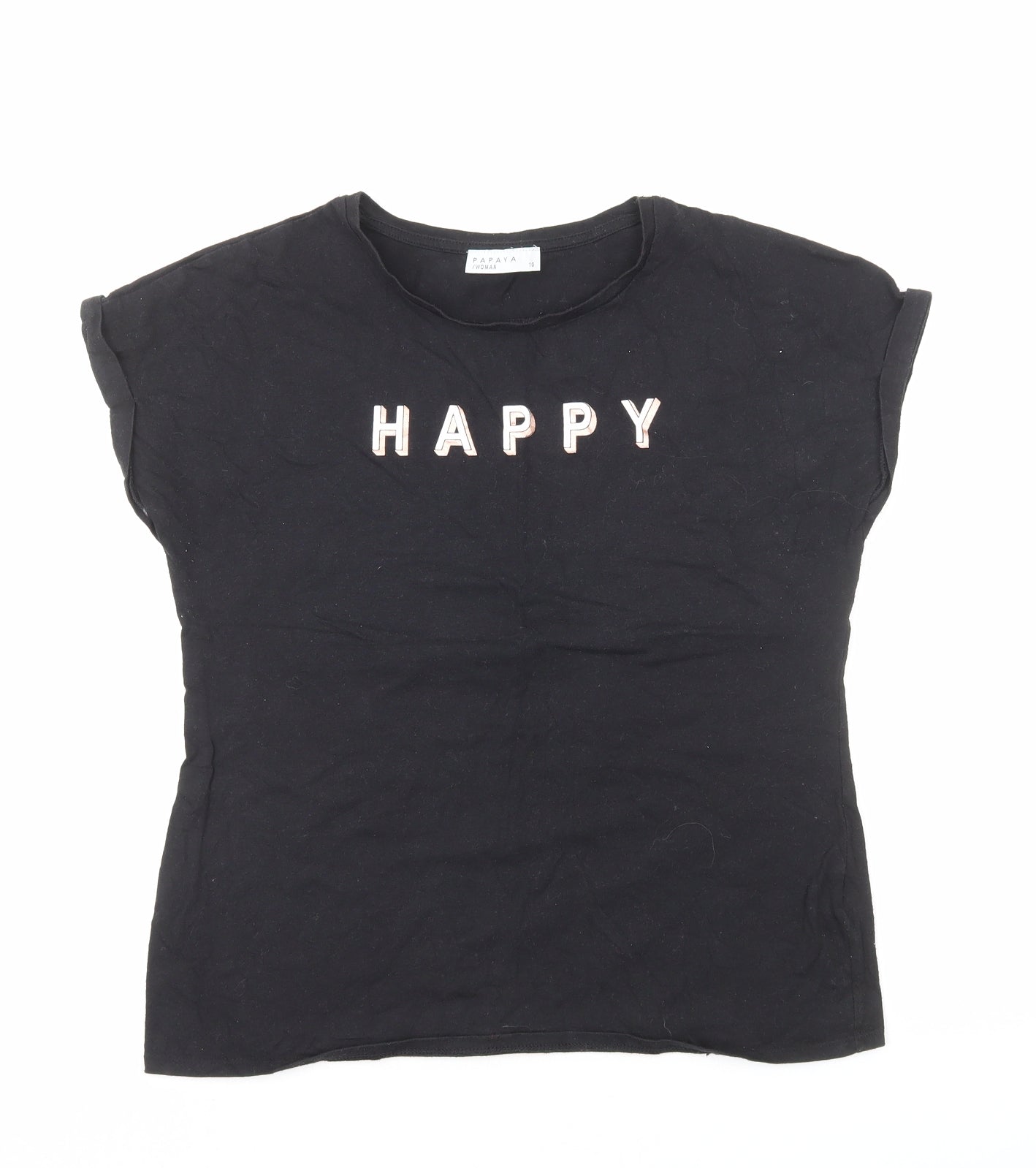 Papaya Womens Black Cotton Basic T-Shirt Size 10 Round Neck - Happy