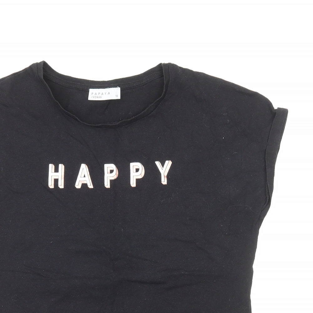 Papaya Womens Black Cotton Basic T-Shirt Size 10 Round Neck - Happy