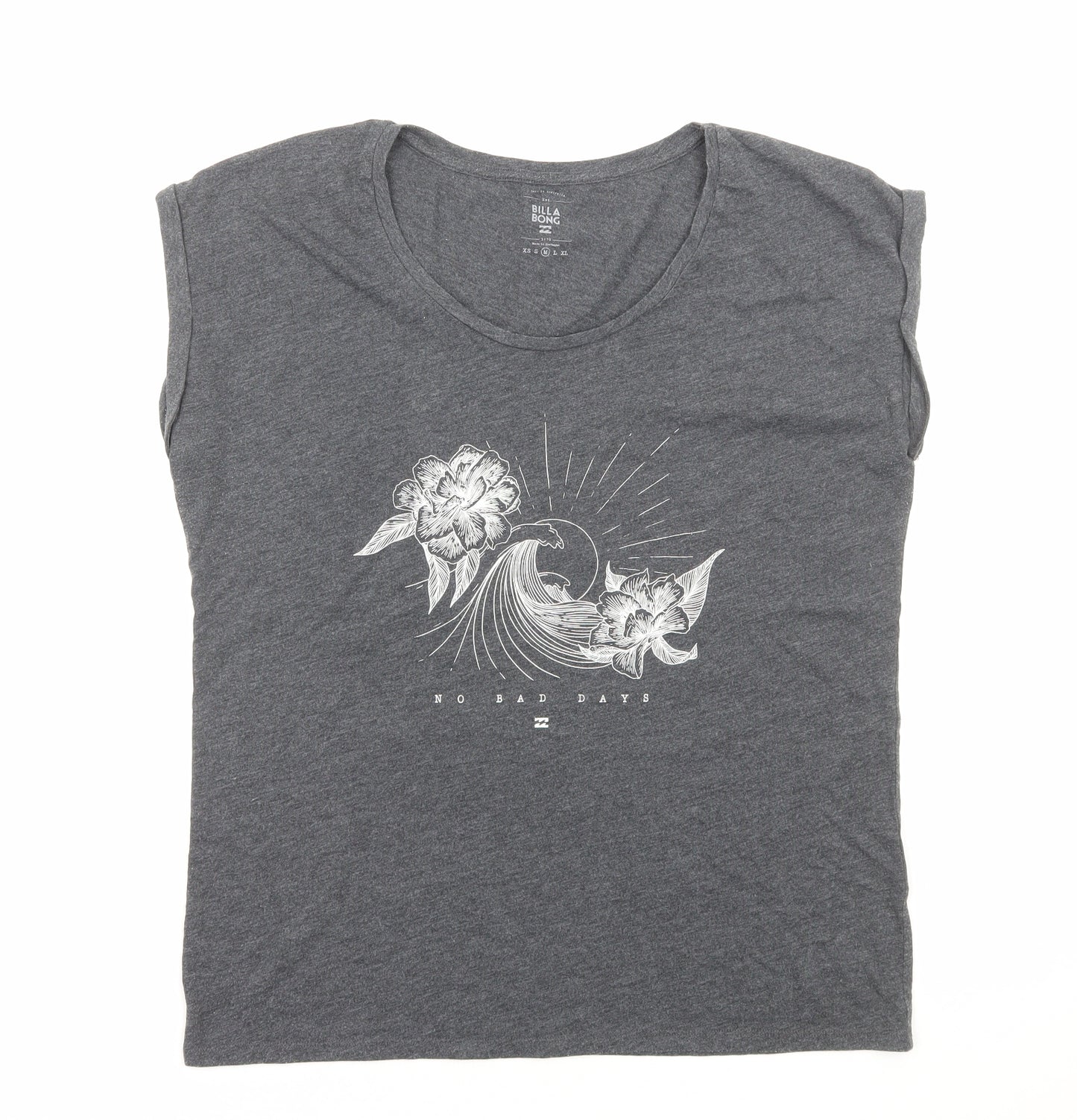 Billabong Womens Grey Viscose Basic T-Shirt Size M Scoop Neck - No Bad Days