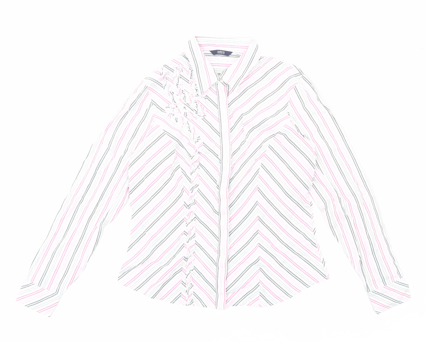 Marks and Spencer Womens Pink Striped Cotton Basic Button-Up Size 12 V-Neck