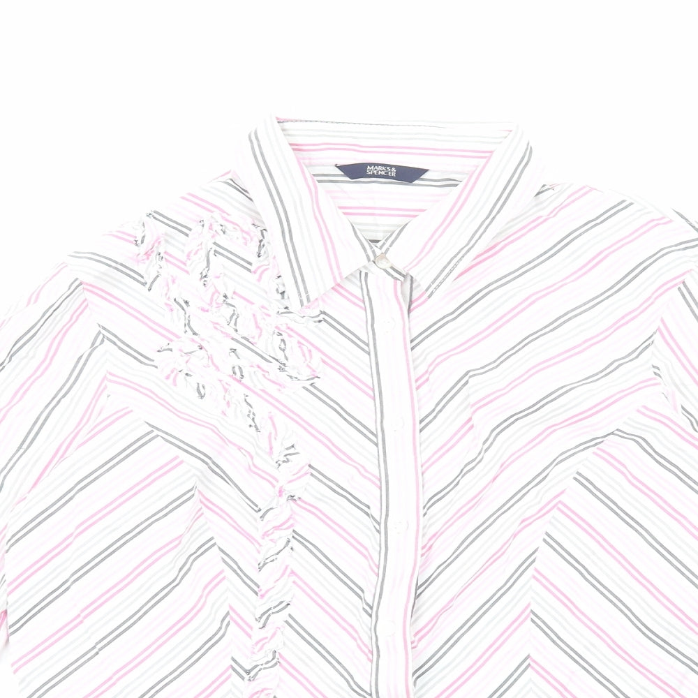 Marks and Spencer Womens Pink Striped Cotton Basic Button-Up Size 12 V-Neck
